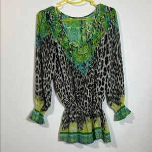 Women's Green and Black Animal-Print Tunic Top Sheer